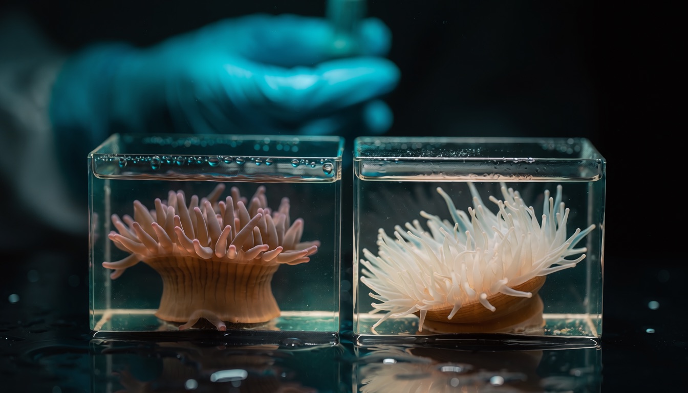 Conceptual reconstruction comparing a pigmented and a bleached sea anemone