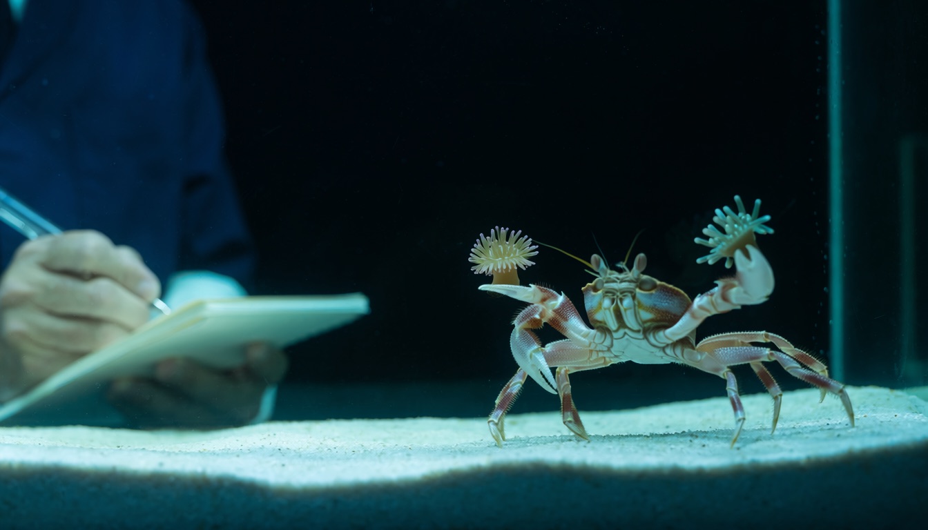 Conceptual reconstruction of a boxer crab holding two sea anemones in an observation tank